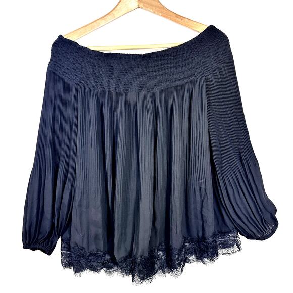 Chelsea28 Medium Black Smocked Lace Top Balloon Sleeve Pleated‎ Formal Sexy Goth - Picture 6 of 10